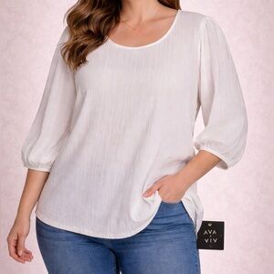 NWT Ava & Viv Blouse 3X Ivory Puff Sleeve Boho Cottagecore Coastal Relaxed